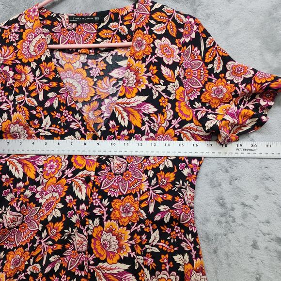 ZARA WOMAN Dress Size XS Floral V-Neck Short Ruffle Sleeve Button Front Tie Back - Picture 5 of 8